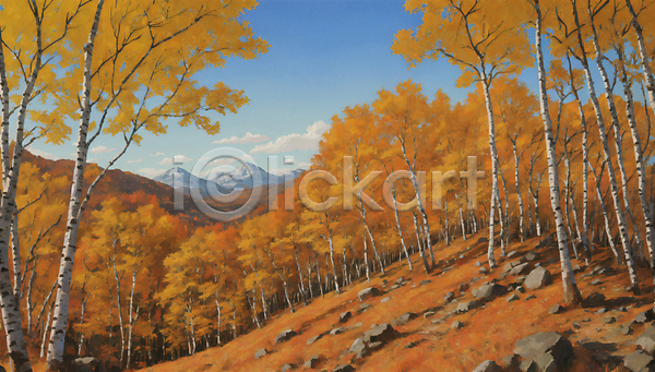 사람없음 JPG 일러스트 가을(계절) 가을풍경 구름(자연) 낙엽 단풍 백그라운드 산 숲 자작나무 주황색 풍경(경치)