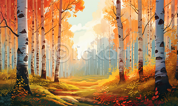 사람없음 JPG 일러스트 가을(계절) 가을풍경 단풍 백그라운드 숲 자작나무 주황색 풍경(경치)