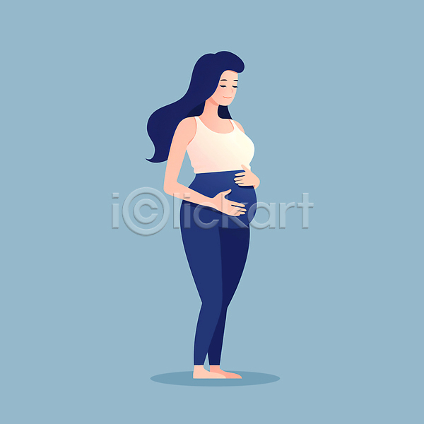 성인 성인여자한명만 여자 한명 JPG 일러스트 감싸기 레깅스 임산부 임신 전신 파란색