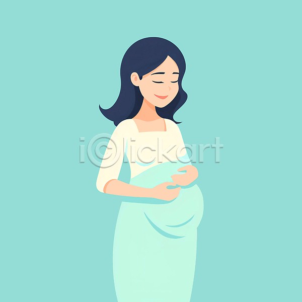 성인 성인여자한명만 여자 한명 JPG 일러스트 감싸기 민트색 상반신 원피스 임부복 임산부 임신