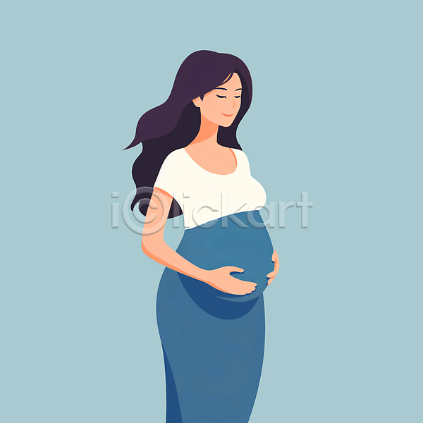 성인 성인여자한명만 여자 한명 JPG 일러스트 감싸기 상반신 원피스 임부복 임산부 임신 파란색