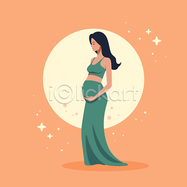 성인 성인여자한명만 여자 한명 JPG 일러스트 감싸기 달 별 임산부 임신 전신 주황색 초록색