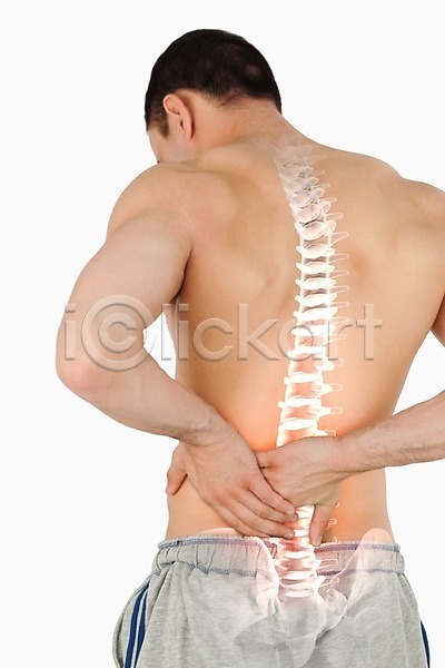고통 20대 남자 한명 JPG 포토 해외이미지 골격 몸통 백그라운드 보여주기 빨간색 뼈 신체 요통 질병 척추 해외202004