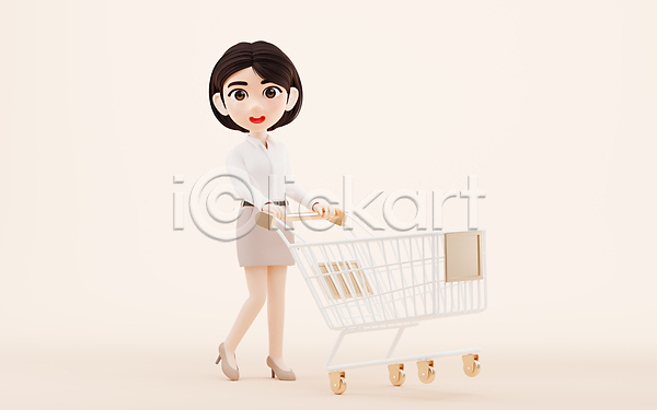 성인 성인여자한명만 여자 한명 3D JPG 포토 해외이미지 고객 밀기 쇼핑 쇼핑카 아이보리 전신 해외202309