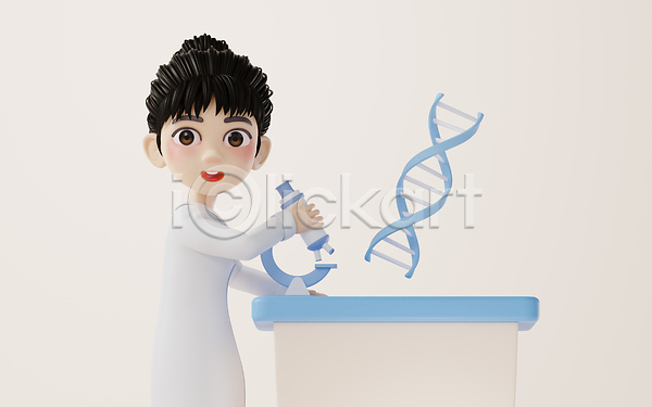 성인 성인여자한명만 여자 한명 3D JPG 포토 해외이미지 DNA 과학 관찰 놀람 상반신 실험 실험복 연구원 유전공학 잡기 해외202309 현미경