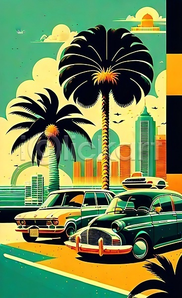 빈티지 사람없음 JPG 포토 해외이미지 건물 도로 도시 마이애미 복고 야자수 여행 자동차 태양 포스터 해외202309