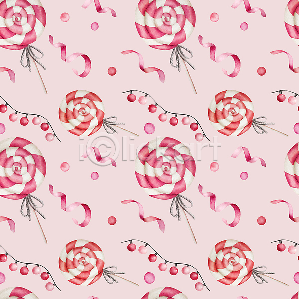 사람없음 JPG 포토 해외이미지 리본 막대사탕 백그라운드 번짐 분홍색 붓터치 사탕 수채화(물감) 알전구 크리스마스 패턴 해외202309