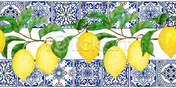 사람없음 JPG 포토 해외이미지 나뭇가지 레몬 문양 손그림 수채화(물감) 잎 질감 타일 해외202309