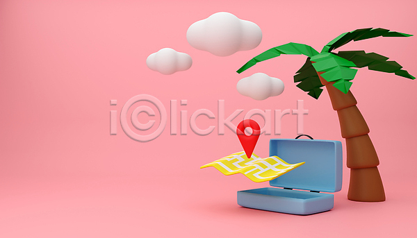 사람없음 3D JPG 포토 해외이미지 구름(자연) 분홍색배경 야자수잎 여행 여행가방 오브젝트 위치 지도 카피스페이스 해외202309