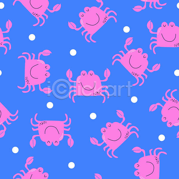귀여움 사람없음 JPG 포토 해외이미지 꽃게 꽃게캐릭터 동물캐릭터 물방울무늬 백그라운드 파란색 패턴 핑크리본 해외202309