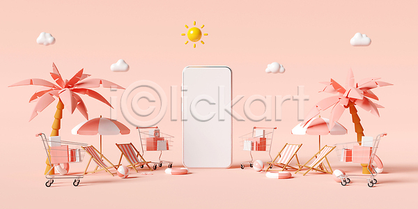 사람없음 3D JPG 포토 해외이미지 구름(자연) 백그라운드 분홍색 비치볼 선물상자 선베드 쇼핑백 쇼핑카 스마트폰 야자수 여행 카피스페이스 태양 튜브 파라솔 해외202309 휴가