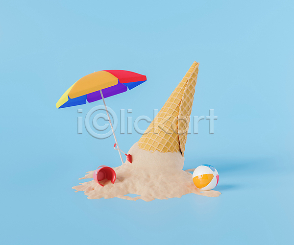 사람없음 3D JPG 포토 해외이미지 모래 바구니 비치볼 아이스크림콘 여행 오브젝트 파라솔 파란배경 해외202309
