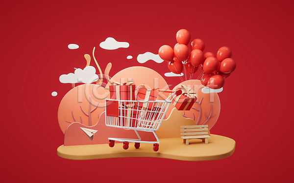 3D JPG 포토 해외이미지 구름모양 나무 벤치 빨간색 선물상자 쇼핑 쇼핑카 오브젝트 종이비행기 풍선 해외202309