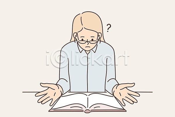 기쁨 의문 성인 성인여자한명만 여자 한명 EPS 일러스트 해외이미지 독서 라이프스타일 물음표 상반신 안경 읽기 책