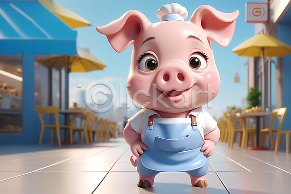 즐거움 사람없음 JPG 편집이미지 3D캐릭터 거리 동물캐릭터 돼지 돼지캐릭터 미소(표정) 상점 서기 앞치마 요리사 의자 조리복 파라솔 한마리 허리손