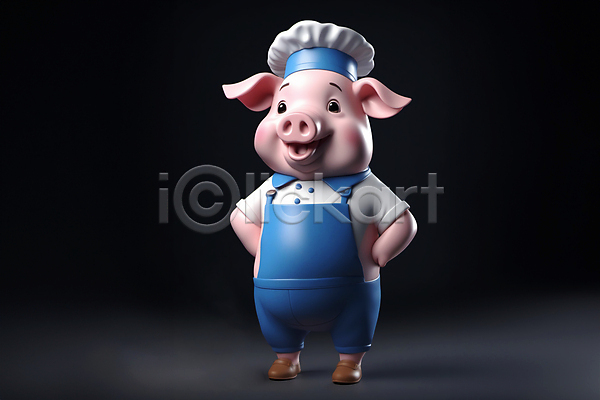 즐거움 사람없음 JPG 편집이미지 3D캐릭터 동물캐릭터 돼지 돼지캐릭터 미소(표정) 서기 요리사 조리복 한마리 허리손