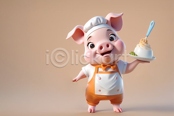 즐거움 사람없음 JPG 편집이미지 3D캐릭터 동물캐릭터 돼지 돼지캐릭터 들기 미소(표정) 서기 서빙 요리사 음식 조리복 한마리