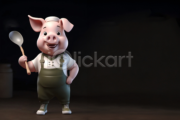 즐거움 사람없음 JPG 편집이미지 3D캐릭터 동물캐릭터 돼지 돼지캐릭터 들기 미소(표정) 서기 숟가락 요리사 조리복 카피스페이스 한마리 허리손