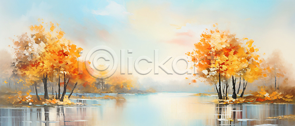 사람없음 JPG 일러스트 가을(계절) 가을풍경 구름(자연) 낙엽 단풍 단풍나무 백그라운드 유화 자연 주황색 풍경(경치) 하늘 호수