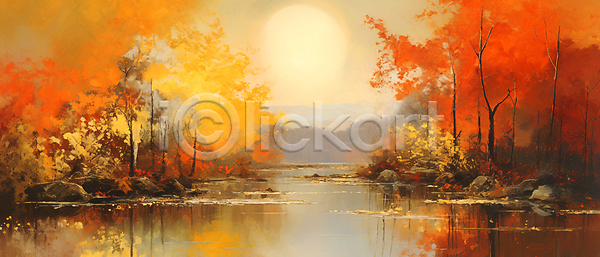 사람없음 JPG 일러스트 가을(계절) 가을풍경 낙엽 단풍 단풍나무 바위(돌) 백그라운드 산 유화 자연 주황색 태양 풍경(경치) 하늘 호수