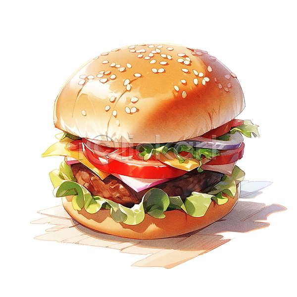 사람없음 JPG 일러스트 수채화(물감) 음식 채소 치즈 패스트푸드 패티 햄버거
