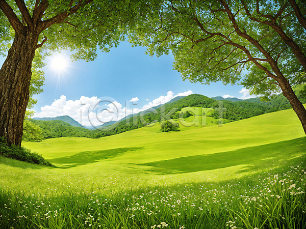 사람없음 JPG 편집이미지 구름(자연) 꽃밭 나무 맑음 백그라운드 산 언덕 잔디 초록색 초원(자연) 태양 파란색 풍경(경치) 하늘 햇빛
