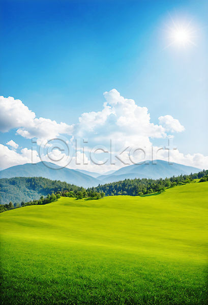 사람없음 JPG 편집이미지 구름(자연) 나무 맑음 백그라운드 산 언덕 잔디 초록색 초원(자연) 태양 파란색 풍경(경치) 하늘 햇빛