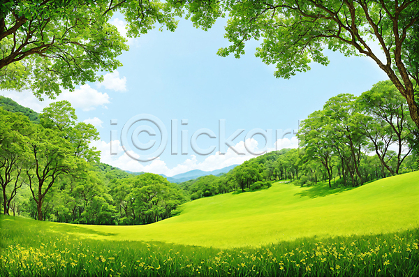 사람없음 JPG 편집이미지 구름(자연) 꽃밭 나무 맑음 백그라운드 산 언덕 잔디 초록색 초원(자연) 파란색 풍경(경치) 하늘