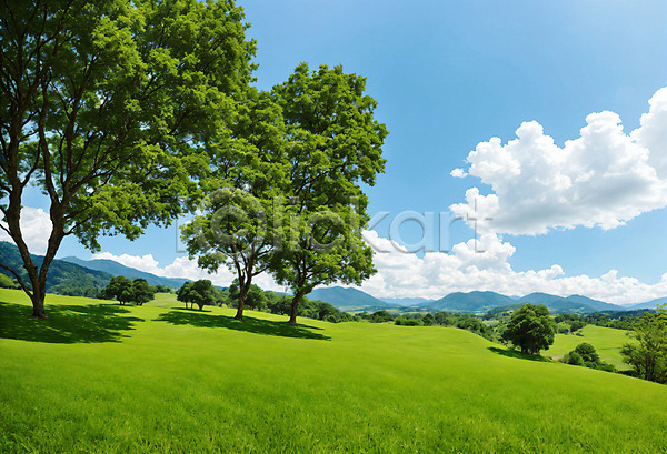 사람없음 JPG 편집이미지 구름(자연) 나무 맑음 백그라운드 산 언덕 잔디 초록색 초원(자연) 파란색 풍경(경치) 하늘