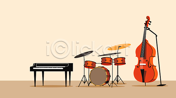 사람없음 JPG 일러스트 공연 드럼 밴드(음악) 베이지색 악기 재즈 첼로 콘트라베이스 피아노(악기)