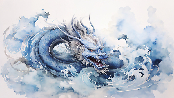 사람없음 JPG 일러스트 구름(자연) 번짐 수채화(물감) 용 용띠 용띠해 청룡 파란색 한마리