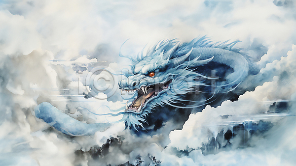 사람없음 JPG 일러스트 구름(자연) 번짐 수채화(물감) 용 용띠 용띠해 청룡 파란색 한마리