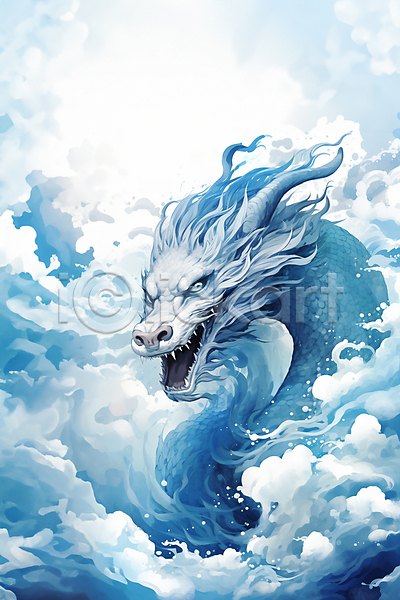 사람없음 JPG 일러스트 구름(자연) 수채화(물감) 용 용띠 용띠해 청룡 파란색 한마리
