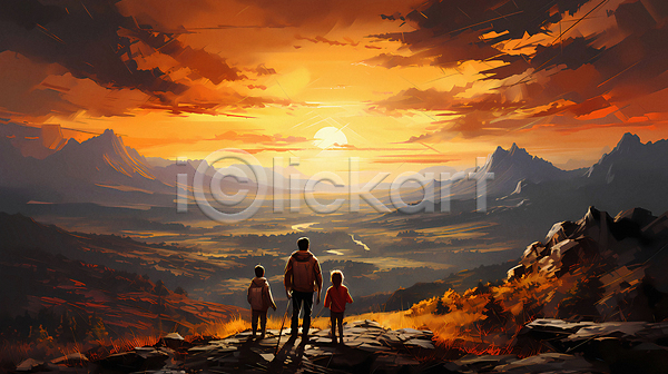남자 성인 세명 소녀(어린이) 소년 어린이 여자 JPG 디지털합성 편집이미지 가족 구름(자연) 산 여행 일몰 일출 전신 태양 하늘