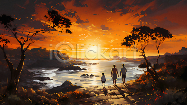 남자 성인 세명 소년 어린이 여자 JPG 디지털합성 편집이미지 가족 구름(자연) 나무 바다 여행 일몰 일출 전신 태양 하늘
