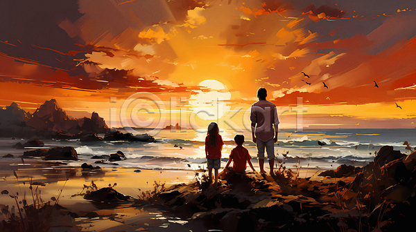 남자 성인 세명 소녀(어린이) 소년 어린이 여자 JPG 디지털합성 편집이미지 가족 구름(자연) 바다 앉기 여행 일몰 일출 전신 태양 하늘