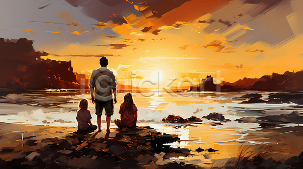 남자 성인 세명 소녀(어린이) 어린이 여자 JPG 디지털합성 편집이미지 가족 구름(자연) 바다 앉기 여행 일몰 일출 전신 태양 하늘