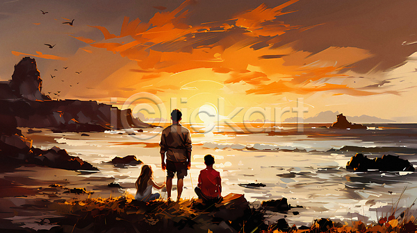 남자 성인 세명 소녀(어린이) 소년 어린이 여자 JPG 디지털합성 편집이미지 가족 구름(자연) 바다 앉기 여행 일몰 일출 전신 태양 하늘