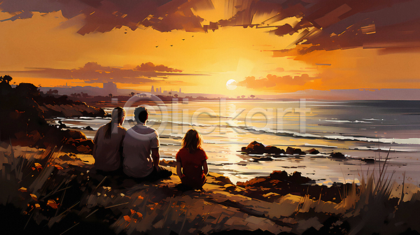 남자 성인 세명 여자 청소년 JPG 디지털합성 편집이미지 가족 구름(자연) 바다 앉기 여행 일몰 일출 전신 태양 하늘