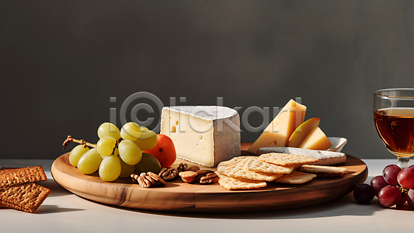 사람없음 JPG 디지털합성 편집이미지 견과류 나무도마 안주 음료 잔 조각 치즈 크래커 포도