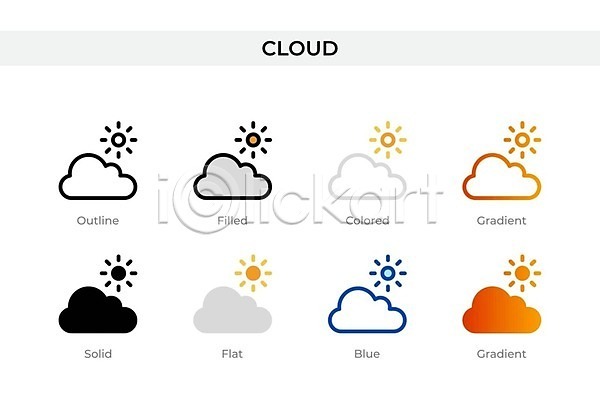 사람없음 EPS 아이콘 해외이미지 구름(자연) 다양 면 선 세트 심볼 심플 주황색 태양 해외202309