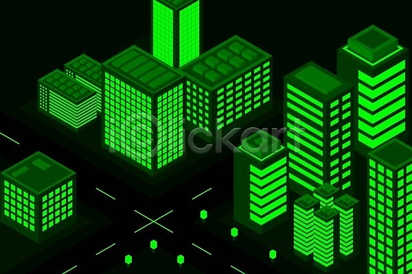 사람없음 EPS 일러스트 해외이미지 건물 네온 도시 백그라운드 빌딩 아이소메트릭 초록색 해외202309