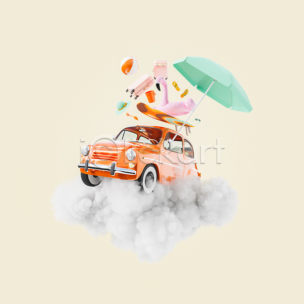 사람없음 3D JPG 포토 해외이미지 구름(자연) 밀짚모자 바구니 비치볼 삽 서핑보드 선글라스 여행 오브젝트 자동차 쪼리 커피캐리어 파라솔 플라밍고튜브 해외202309