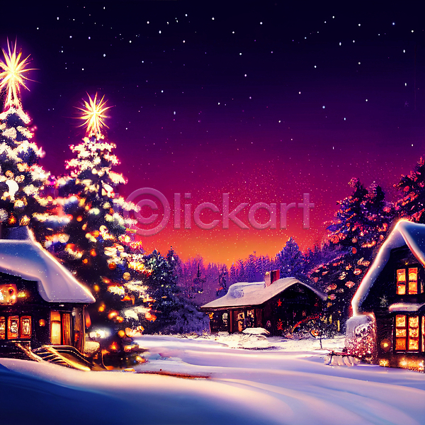 사람없음 JPG 포토 해외이미지 겨울 눈길 마을 반짝임 밤하늘 보라색 빛 설원 주택 크리스마스 크리스마스트리 풍경(경치) 해외202309