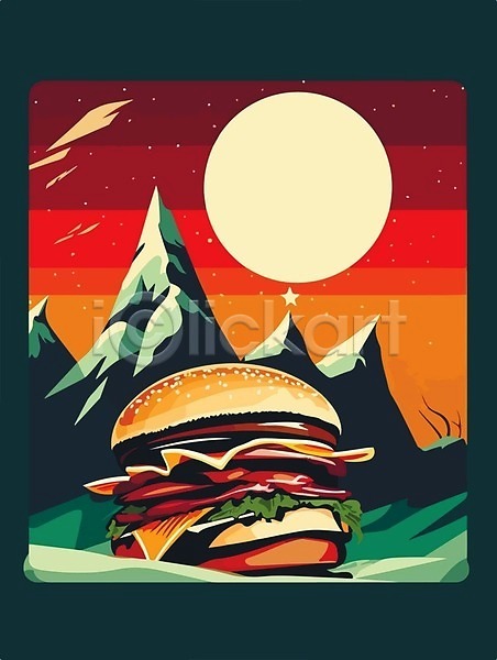 빈티지 사람없음 EPS 일러스트 해외이미지 달 별 복고 산 패스트푸드 포스터 해외202309 햄버거