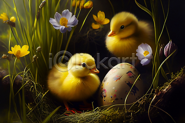 귀여움 사람없음 JPG 포토 해외이미지 계란 꽃 두마리 둥지 병아리 새끼 풀(식물) 해외202309