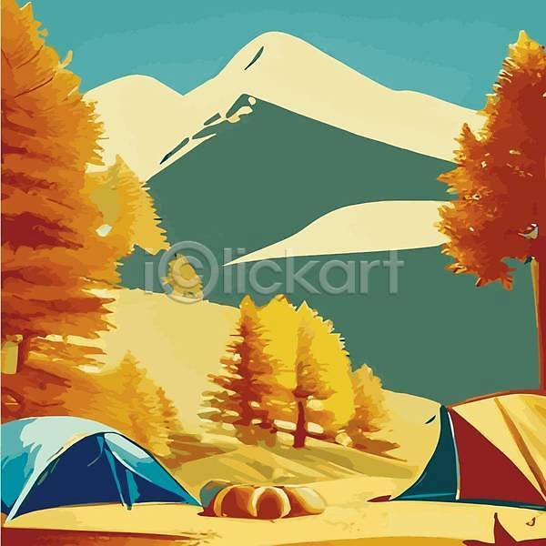 사람없음 EPS 일러스트 해외이미지 나무 여행 캠핑 캠핑장 텐트 풍경(경치) 해외202309
