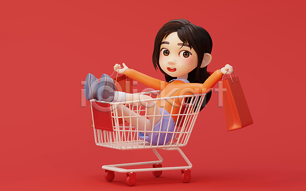 성인 성인여자한명만 여자 한명 3D JPG 포토 해외이미지 고객 구매 들기 빨간색 쇼핑 쇼핑백 쇼핑카 승차 앉기 전신 해외202309