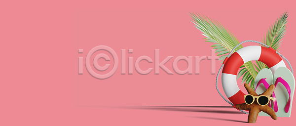사람없음 3D JPG 포토 해외이미지 구명부환 분홍색배경 불가사리 선글라스 야자수잎 여행 오브젝트 쪼리 카피스페이스 해외202309