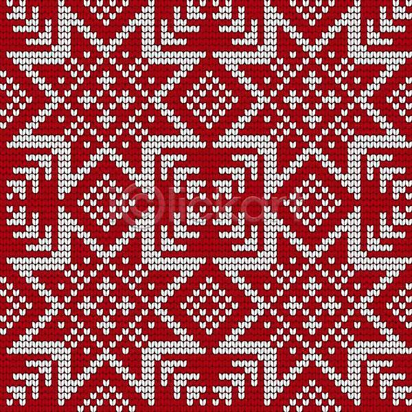 사람없음 EPS 일러스트 해외이미지 겨울 노르딕(디자인) 눈꽃 디자인 뜨개질 빨간색 패턴 해외202309